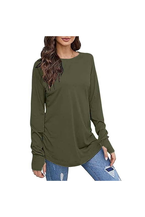 Women's Casual Long Sleeve Tops Crew Neck Round Hem Loose T Shirts Tunic Tops With Thumb Holes