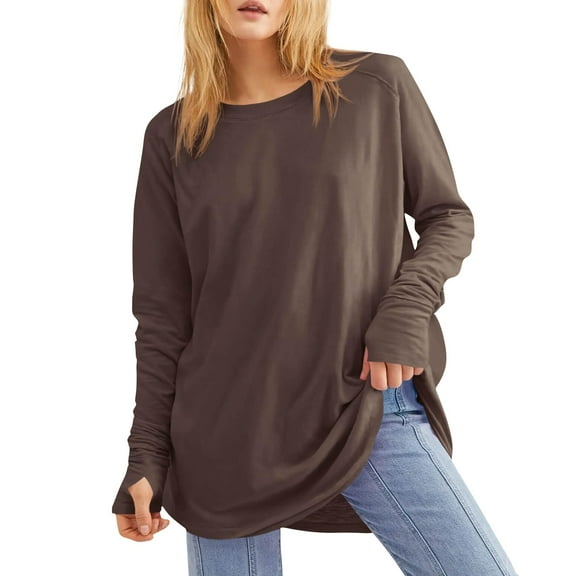 Women's Casual Long Sleeve Tops Crew Neck Round Hem Loose T-Shirts Tunic Tops with Thumb Holes Coffee L