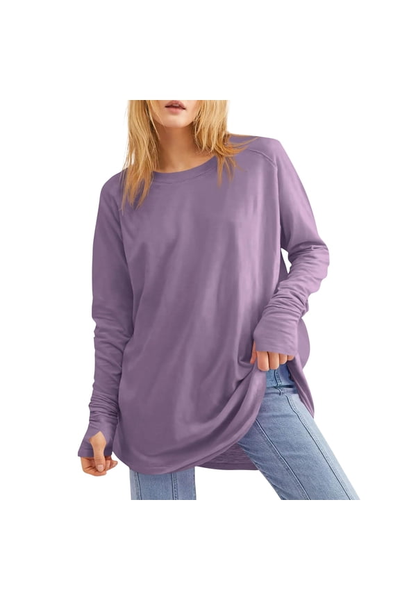 Women's Casual Long Sleeve Tops Crew Neck Round Hem Loose T-Shirts Tunic Tops with Thumb Holes Light Purple L