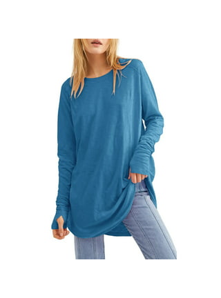 Fisoew Women's Casual Long Sleeve Tops Crew Neck Round Hem Loose T-Shirts  Tunic Tops with Thumb Holes