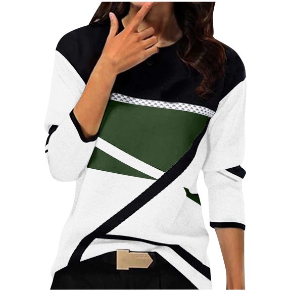 Women's Casual Long Sleeve Tops Geometric Colorblock Crewneck T Shirts Fashion Fall Pullover Blouse