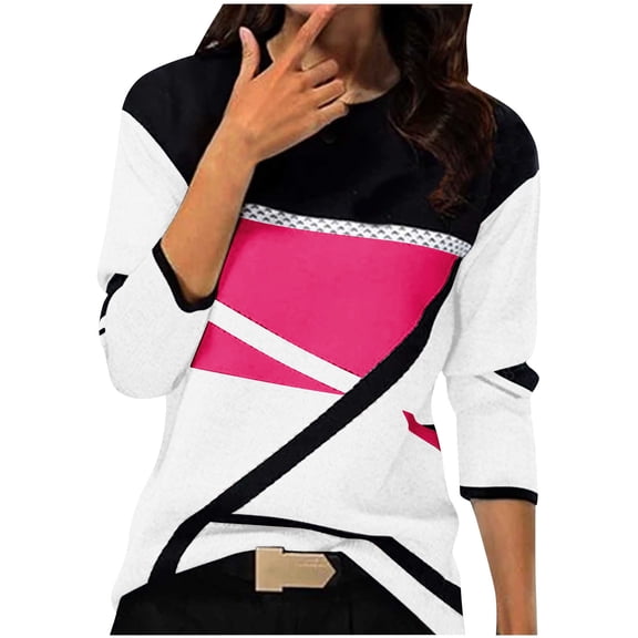 Women's Casual Long Sleeve Tops Geometric Colorblock Crewneck T Shirts Fashion Fall Pullover Blouse