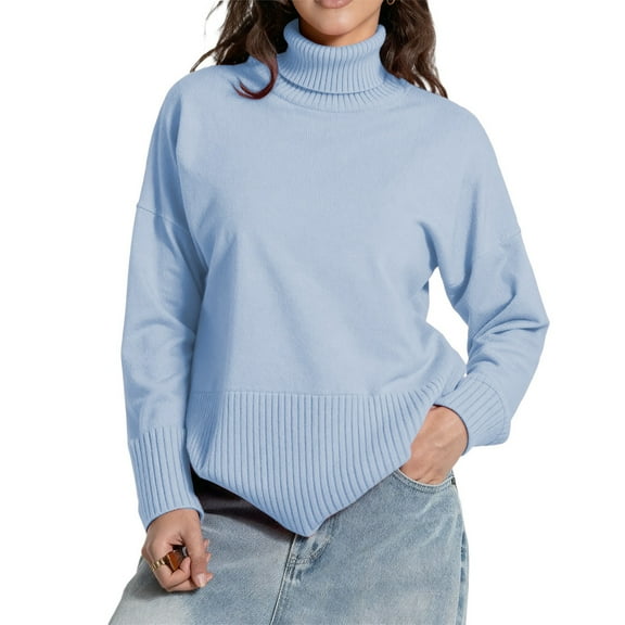 Women's Casual Long Sleeve Turtleneck Pullover Sweater Oversized Loose Blue Sweaters Women Soft Winter Womens Clothes