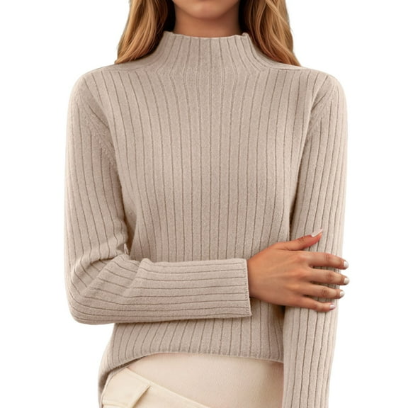 Women's Casual Long Sleeve Turtleneck Pullover Sweaters Ribbed Knit Khaki Sweater for Women Soft Women Sweaters for Fall and Winter