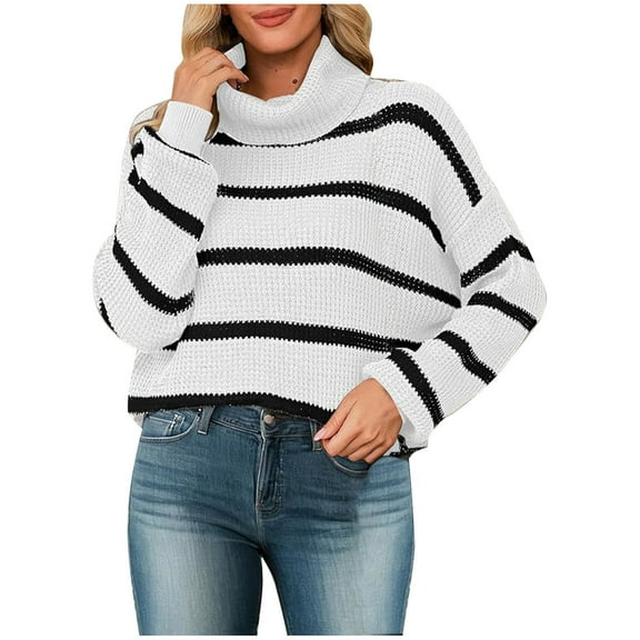 Women's Casual Long Sleeve Turtleneck Sweater Striped Knit Pullover Loose Comfortable Winter Top