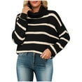 thumbnail image 1 of Women's Casual Long Sleeve Turtleneck Sweater Striped Knit Pullover Loose Comfortable Winter Top, 1 of 2