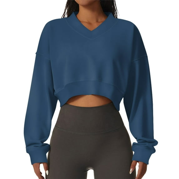 Women's Casual Long Sleeve V-Neck Cropped Sweatshirt Loose Fit Pullover Top for Workout and Everyday Wear
