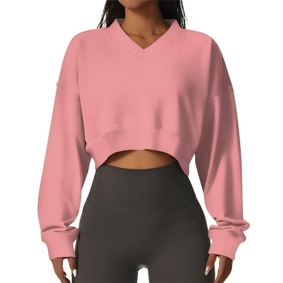 Women's Casual Long Sleeve V-Neck Cropped Sweatshirt Loose Fit Pullover Top for Workout and Everyday Wear