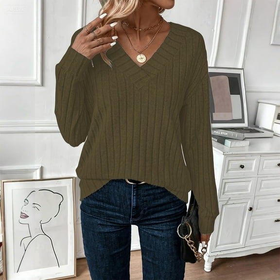 Women's Casual Long Sleeve V Neck Lightweight Knitted Sweaters Loose Fit Plus Size Tunic Tops