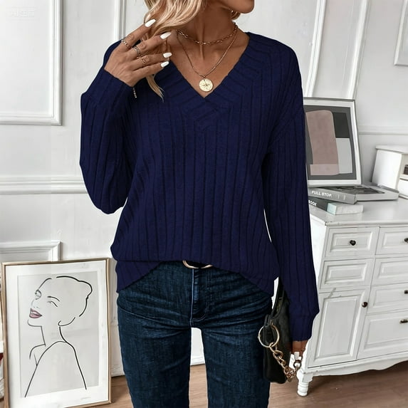 Women's Casual Long Sleeve V Neck Lightweight Knitted Sweaters Loose Fit Plus Size Tunic Tops