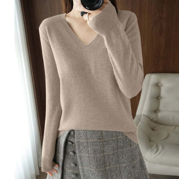 Women's Casual Long Sleeve V Neck Pullover Top Sweater Loose Fit Womens Khaki Sweater Warm Sweater Womens