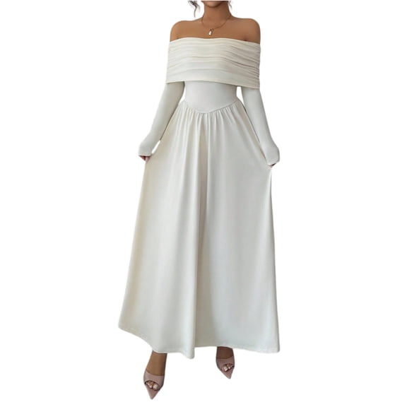 Women's Casual Long Sleeve V Neck Solid Color Dress Long Dresses Swing Dress for Women Sizes S-3XL