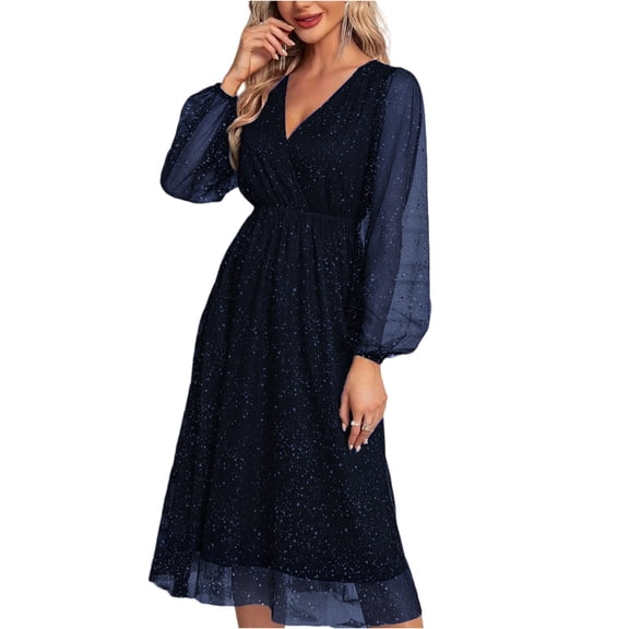 Women's Casual Long Sleeve V Neck Solid Color Dress Long Dresses Swing Dress for Women Sizes S-3XL