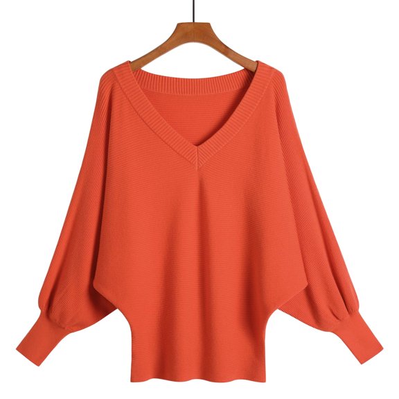 Women's Casual Long Sleeve V Neck Sweaters Tops Loose Fit Orange Sweaters Warm Fall Sweaters for Women Trendy