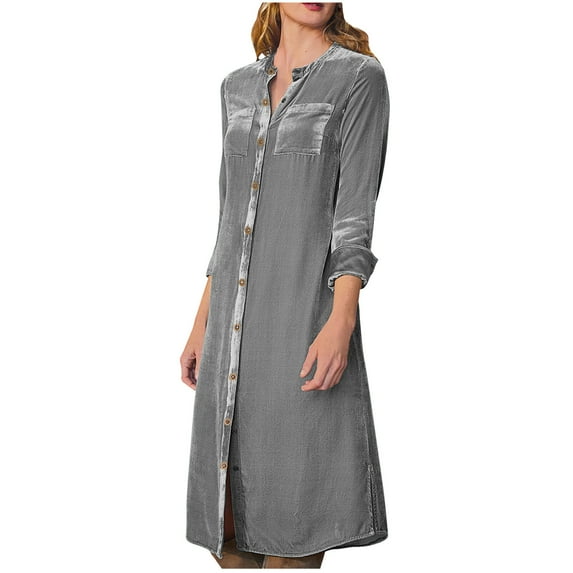 Women's Casual Long Sleeve Velvet Shirts Dress V Neck Buttons Knee Length Loose Fit Trendy Midi Dress Streetwear Gray,S