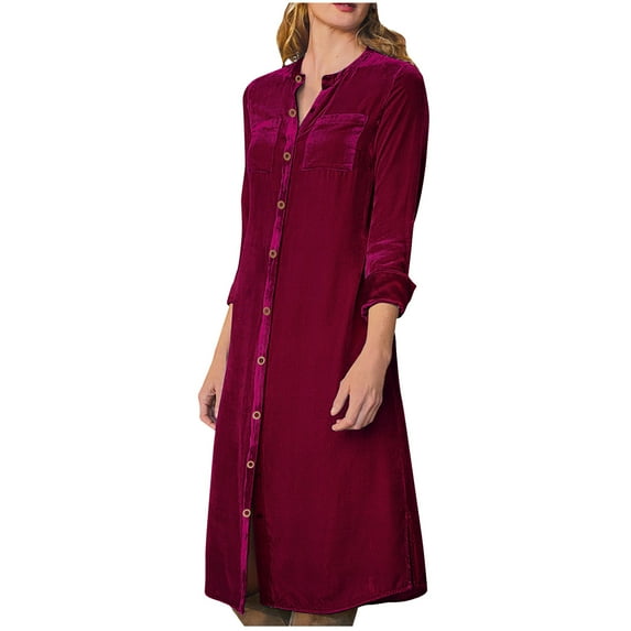 Women's Casual Long Sleeve Velvet Shirts Dress V Neck Buttons Knee Length Loose Fit Trendy Midi Dress Streetwear Wine,XL