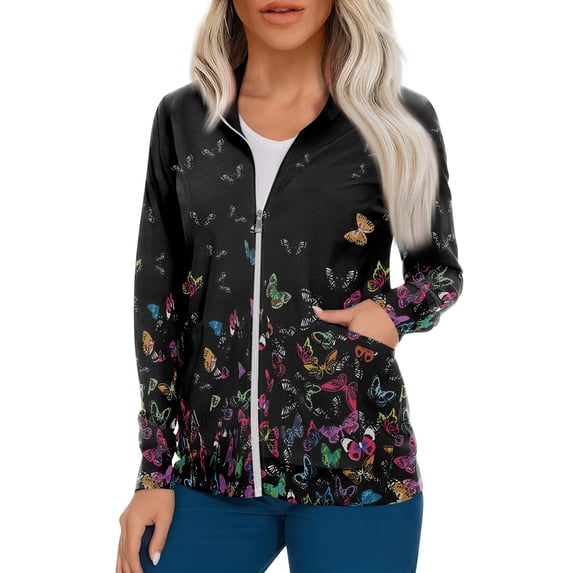 Women's Casual Long Sleeve Zip Front Cardigan Jacket with Vintage Heart and Floral Print for Work or Everyday Wear Black L