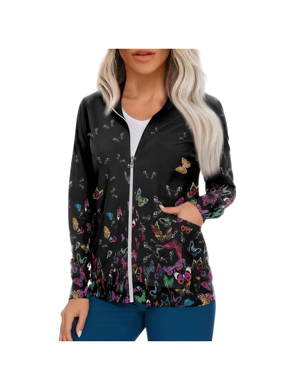 Women's Casual Long Sleeve Zip Front Cardigan Jacket with Vintage Heart and Floral Print for Work or Everyday Wear Black L