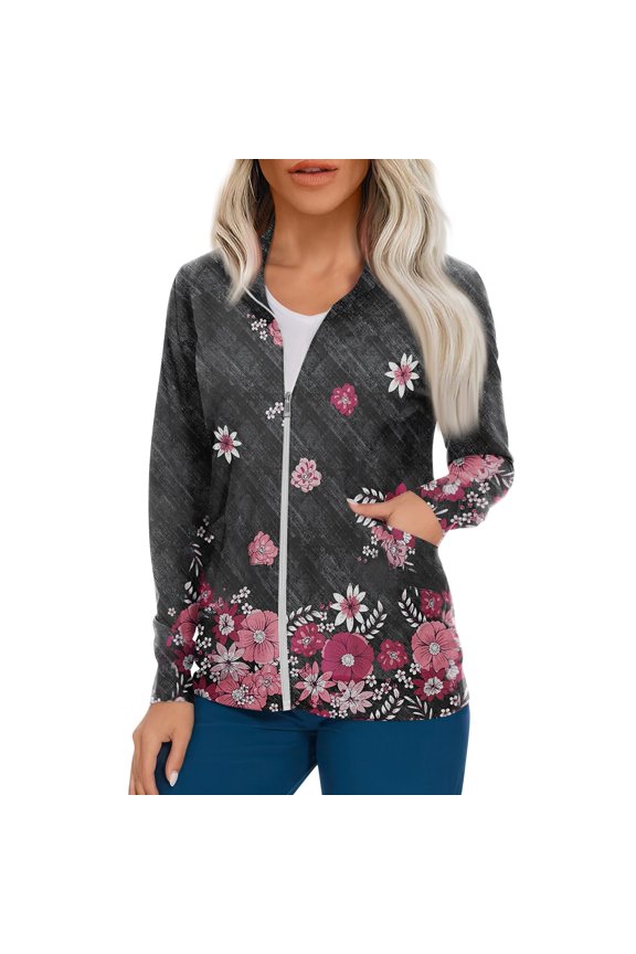 Women's Casual Long Sleeve Zip Front Cardigan Jacket with Vintage Heart and Floral Print for Work or Everyday Wear Dark Gray 4XL