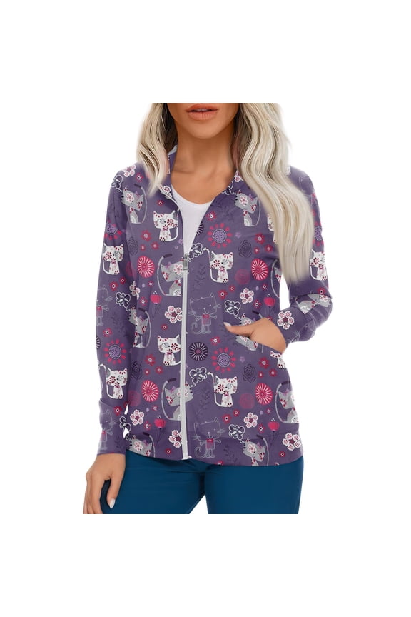 Women's Casual Long Sleeve Zip Front Cardigan Jacket with Vintage Heart and Floral Print for Work or Everyday Wear Dark Purple S