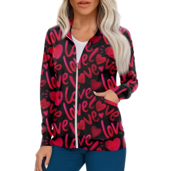 Women's Casual Long Sleeve Zip Front Cardigan Jacket with Vintage Heart and Floral Print for Work or Everyday Wear Hot Pink 5XL