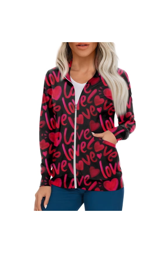 Women's Casual Long Sleeve Zip Front Cardigan Jacket with Vintage Heart and Floral Print for Work or Everyday Wear Hot Pink 5XL