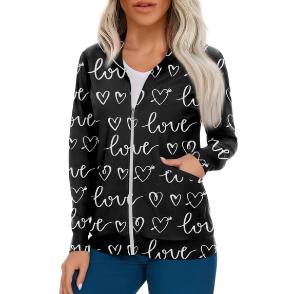 Women's Casual Long Sleeve Zip Front Cardigan Jacket with Vintage Heart and Floral Print for Work or Everyday Wear Multicolor S