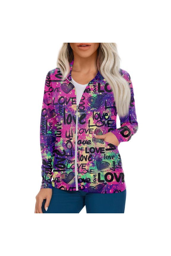 Women's Casual Long Sleeve Zip Front Cardigan Jacket with Vintage Heart and Floral Print for Work or Everyday Wear Purple S