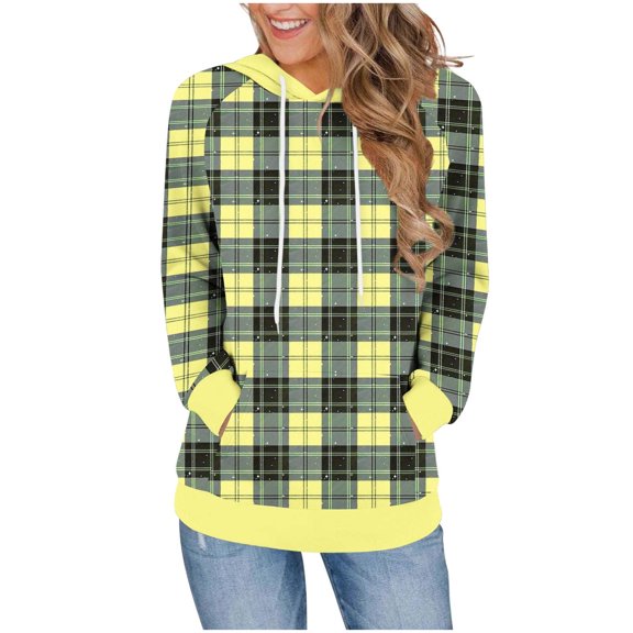 Women's Casual Long Sleeved Checkered Hoodie Casual Drawstring Sweatshirt Loose Pullover with Pockets