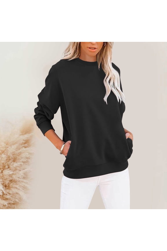 Women's Casual Long Sleeved Solid Color Blouse Crewneck Sweatshirt Loose Pullover Pocket Hoodie Zip Jacket Knit Tunic Tops Women Comfortable Sweatshirts Women Cute Comfy Tees Women 80s Sweatshirts for