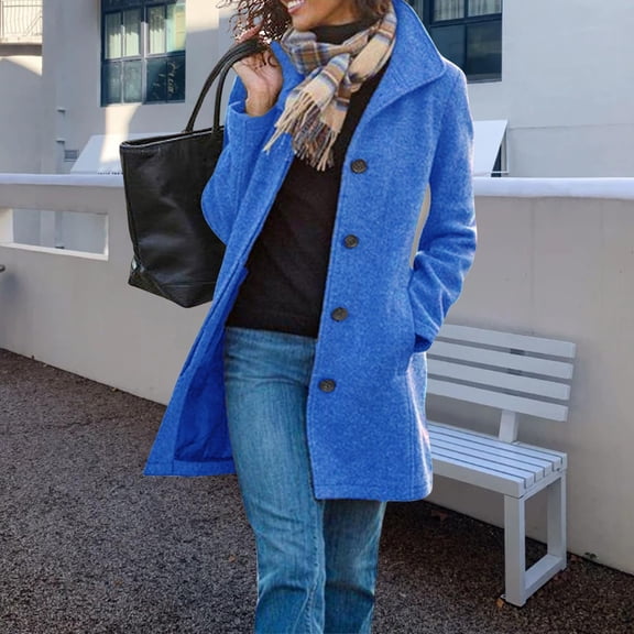 Women's Casual Long Sleeves Single Breasted Lapel Pea Coat Winter Blue 2XL