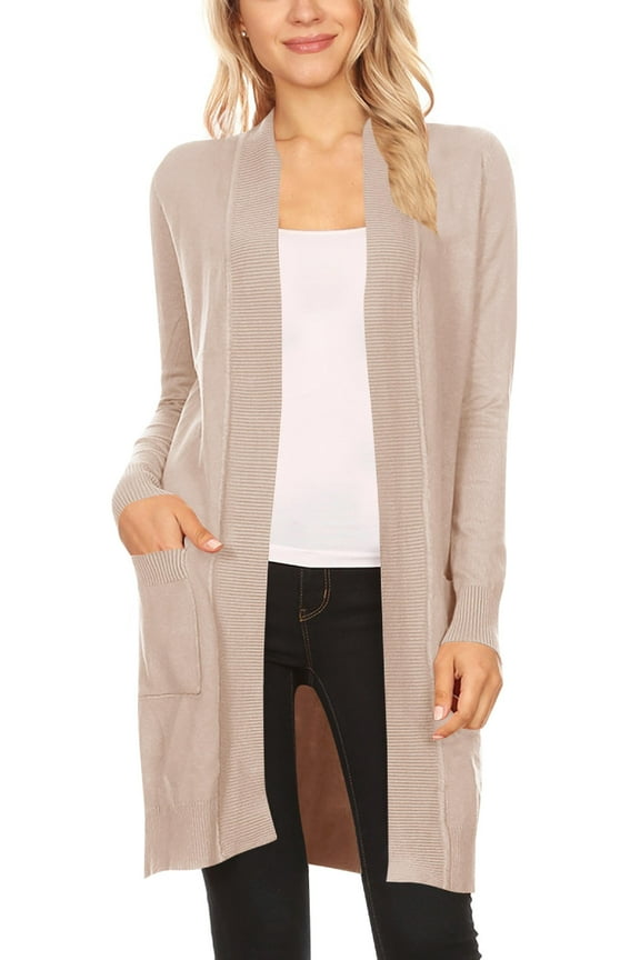 Women's Casual Longs Sleeves Side Pockets Loose Fit Basic Open Front Solid Cardigan