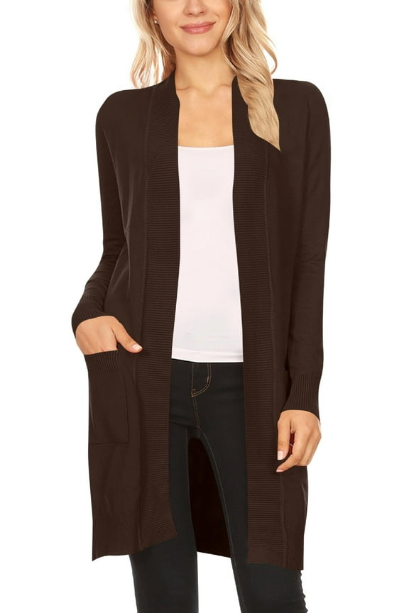 Women's Casual Longs Sleeves Side Pockets Loose Fit Basic Open Front Solid Cardigan