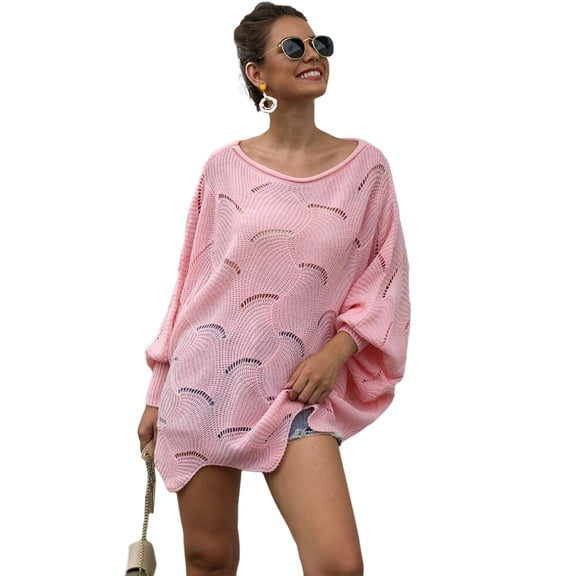 Women's Casual Loose Batwing Sleeve Hollow Out Knit Sweaters Tops, Pink, Large