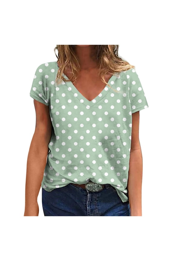Women's Casual Loose Blouse with V-Neck, Polka Dot Print Short Sleeve T-Shirt, Comfortable and Stylish for Everyday Wear, Lightweight and Breathable Summer Top, Available in Multiple Sizes