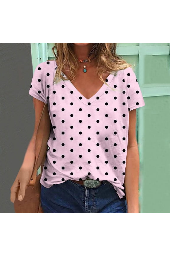 Women's Casual Loose Blouse with V-Neck, Polka Dot Print Short Sleeve T-Shirt, Comfortable and Stylish for Everyday Wear, Lightweight and Breathable Summer Top, Available in Multiple Sizes