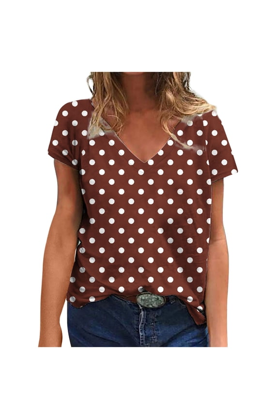 Women's Casual Loose Blouse with V-Neck, Polka Dot Print Short Sleeve T-Shirt, Comfortable and Stylish for Everyday Wear, Lightweight and Breathable Summer Top, Available in Multiple Sizes