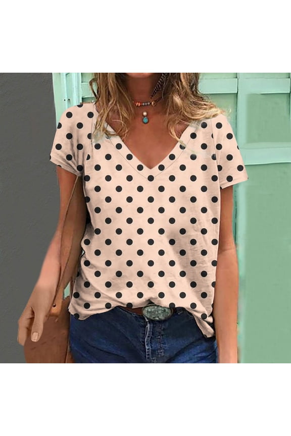 Women's Casual Loose Blouse with V-Neck, Polka Dot Print Short Sleeve T-Shirt, Comfortable and Stylish for Everyday Wear, Lightweight and Breathable Summer Top, Available in Multiple Sizes