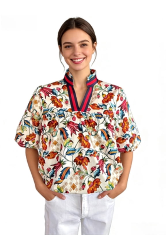 V-Neck Puff Sleeve Floral Bird Print Blouse & Top, Women's