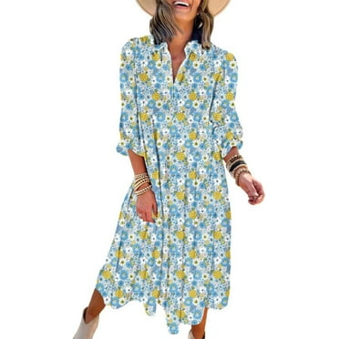 Women's Casual Loose Bohemian Floral Dresses 2024 Long Puff Sleeve V Neck Ruffle A Line Flowy Summer Beach Dress