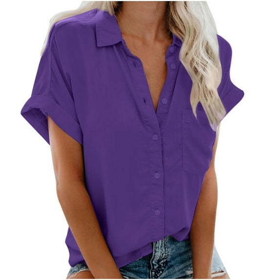 Women's Casual Loose Business Elegant Tunic Blouse Button Down Collared Neck Dressy Vintage Summer Tops Woman Work Blouses Short Sleeve Western Shirts Solid Color