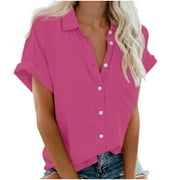 Women's Casual Loose Business Elegant Tunic Blouse Clearance Button Down Collared Neck Dressy Vintage Summer Tops Woman Solid Color Lady Work Blouses Short Sleeve Western Shirts Hot Pink S