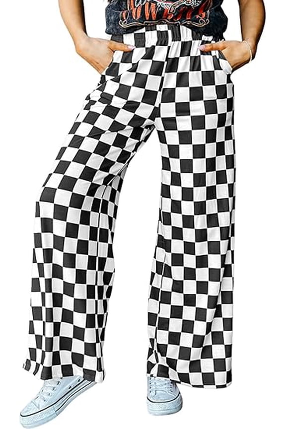 Women's Casual Loose Checkered Wide Leg Pants High Waist Straight Lounge Y2K Gingham Trousers