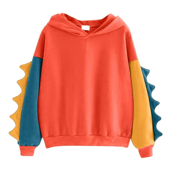 Women's Casual Loose Color Block Long Sleeve Dinosaur Hoodies Pullover Tops Hooded Sweatshirt