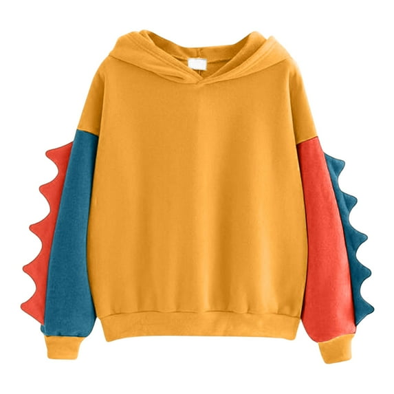 Women's Casual Loose Color Block Long Sleeve Dinosaur Hoodies Pullover Tops Hooded Sweatshirt