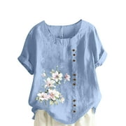 Women's Casual Loose Cotton LinenBlouse Clearance Round Neck Vintage Lady Work Blouses Dressy Short Sleeve Western Shirts Summer Tops Woman 2023 Tunic Flower Graphic Pattern Light Blue XXXL