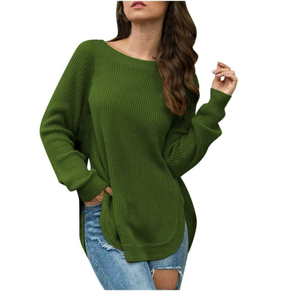 Women's Casual Loose Crochet Sweaters Round Neck Long Sleeve Solid Color Knit Tops Drop Shoulder Pullover Jumper Fall 2025