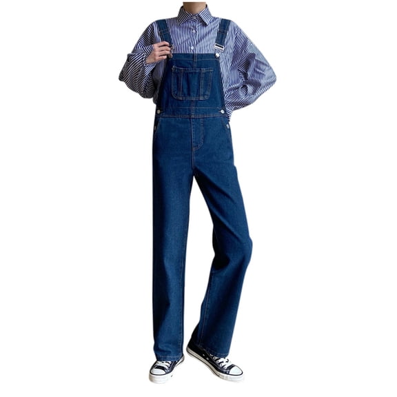 Women's Casual Loose Denim Overalls Adjustable Strap Wide Leg Bib Jean Overalls Jumpsuit with Pockets,Blue,M