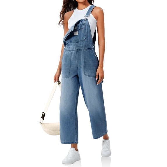 Women's Casual Loose Denim Work Pants Bib Adjustable Shoulder Strap Wide Leg Capri Denim Jumpsuit