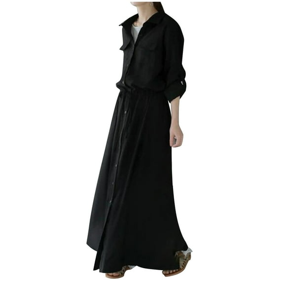 ZQUUVOU Women's Casual Loose Dress Long Sleeved Lapel Callor Casual Shirt Long Skirt Dress Black